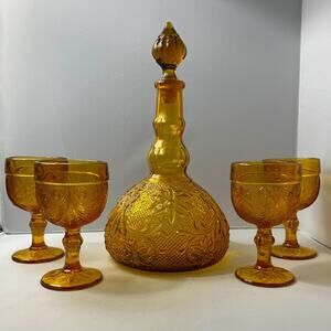 6pc Vintage Tiara Amber Decanter‎ & Wine Glass Set